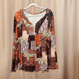 NWT Cathy XL Bohemian Patchwork Long Sleeve Earth Tone Blouse